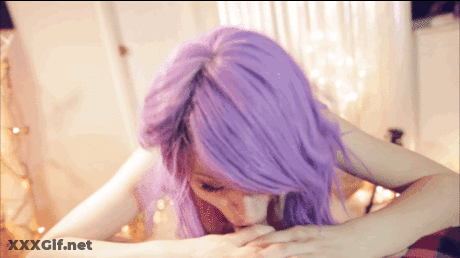 Purple-Haired Babe Gives A Sizzling Blowjob GIF