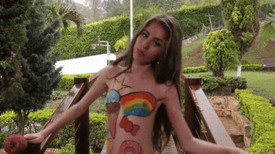 Babes In Bodypaint: Skinny Teen Gets Naked In Public GIF