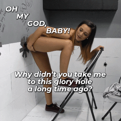 BBC Cuckold Caption: White Woman Gets DP'd In A Glory Hole GIF