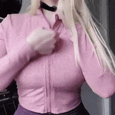 Blonde Babe With Big Tits: Amateur Pink Shirt And Black Belt GIF