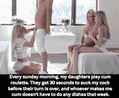 Blonde Teen Gets A Blowjob In A Group Sex Caption GIF