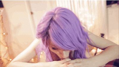 Purple-Haired Babe Gives A Sizzling Blowjob GIF